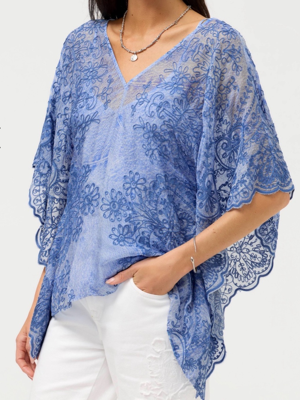 Gorgeous Johnny Was Blue Floral Embroidered Sheer V-Neck Poncho Top-NWT